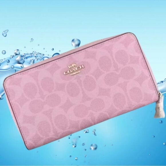 Coach Powder Pink Long Zip Around Wallet In Signature Canvas Bag Purse - Picture 1 of 8